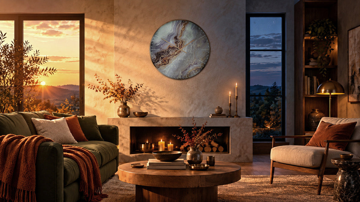 Round Thomas Kent wall clock in a warm autumn living room at sunset