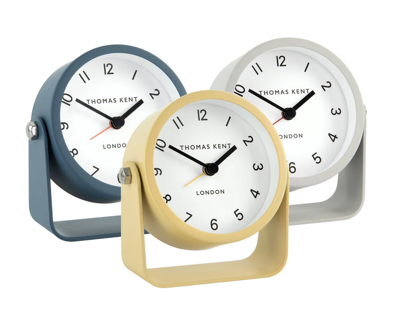 Three Thomas Kent Wren Alarm Clocks in different colours